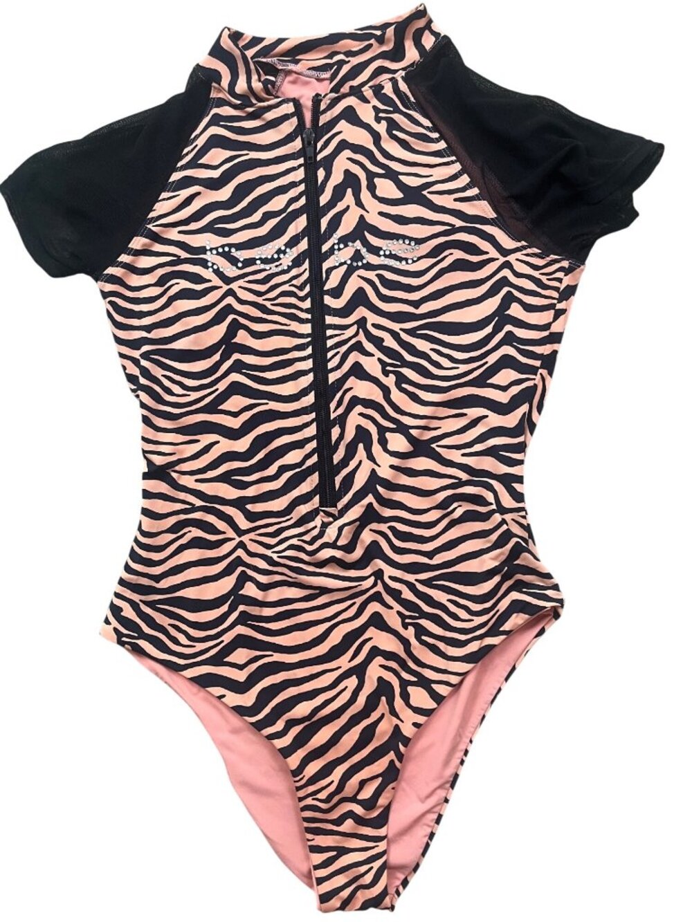 Bebe One Piece Bathing Suit Rash Guard Womens Medium Orange Zebra Surfer Girl